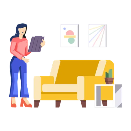 Woman selecting her new house from mobile  Illustration