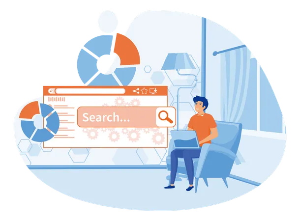 Woman selecting keywords and optimizes site for popular search queries  イラスト