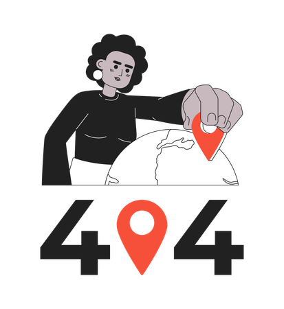 Woman selecting place on globe showing error 404 flash message.  Illustration