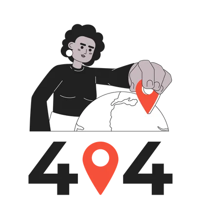 Woman selecting place on globe showing error 404 flash message.  Illustration