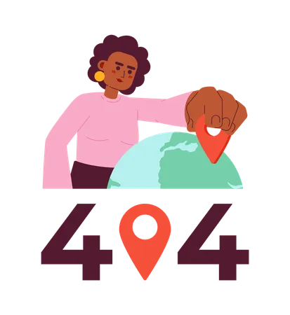 Woman selecting place on globe showing error 404 flash message  Illustration