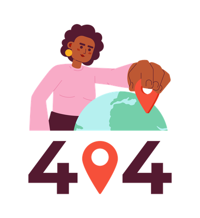 Woman selecting place on globe showing error 404 flash message  Illustration