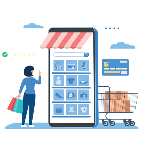Woman selecting product in online shopping  Illustration