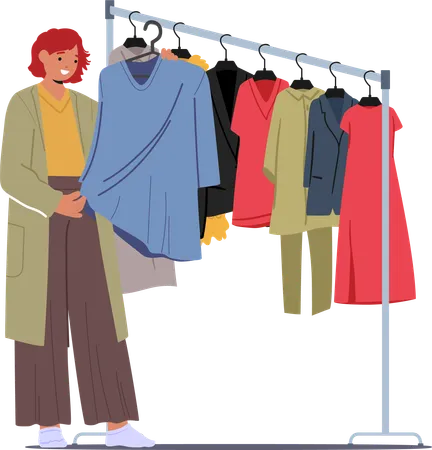 Woman Character Reaches Into Her Closet Gracefully Selecting Garments From Hanger Her Fingers Deftly Choosing Attire With A Thoughtful Discerning Eyes Cartoon People Vector Illustration Illustration