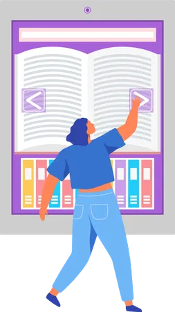 Woman selects literature in online library  Illustration