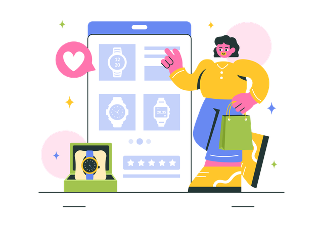 Woman selects online Watches from online Store  Illustration