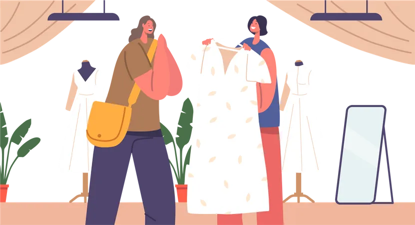 Woman Character Selects Wedding Dress In Salon Amidst An Array Of Gowns Assisted By Consultants Offering Personalized Advice And Fitting Expertise Cartoon People Vector Illustration Illustration