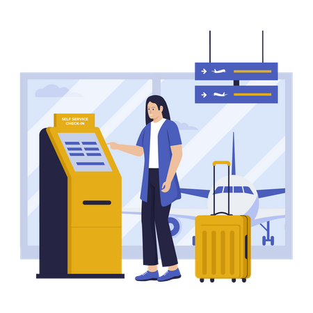 Woman self check in at automatic machine in airport terminal  Illustration