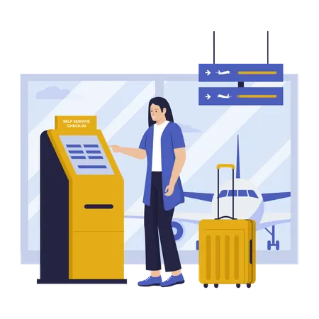 Woman self check in at automatic machine in airport terminal  Illustration