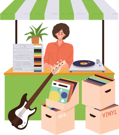 Woman Seller Cartoon Character Offering Vintage Goods Unique Retro Things At Street Bazaar During Garage Sale Vector Illustration Isolated On White Background Outdoor Flea Market Place Merchandise Illustration