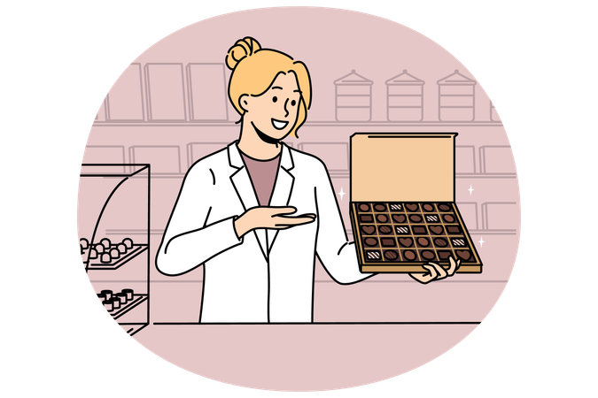 Woman seller with box chocolates works in confectionery store and offers to buy appetizing dessert  Illustration