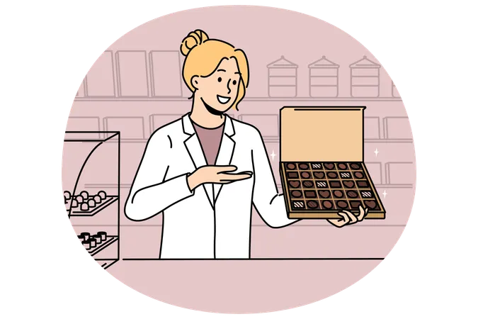 Woman seller with box chocolates works in confectionery store and offers to buy appetizing dessert  Illustration
