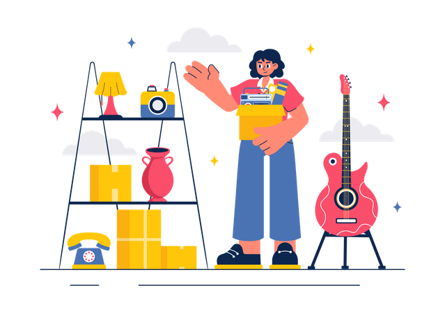 Woman selling antiques in Flea market  Illustration