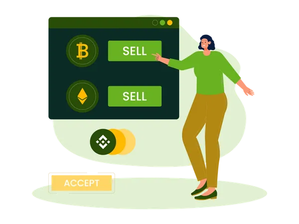 Woman selling bitcoin and ethereum  Illustration