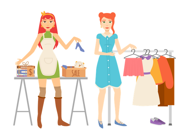 Woman selling clothes at festival  Illustration
