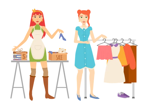 Woman selling clothes at festival  Illustration