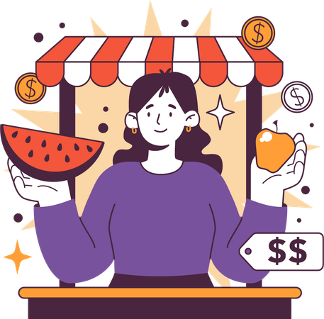 Woman selling fruit in market  Illustration