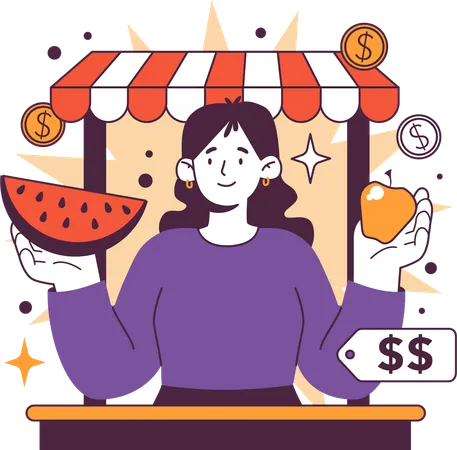 Woman selling fruit in market  Illustration