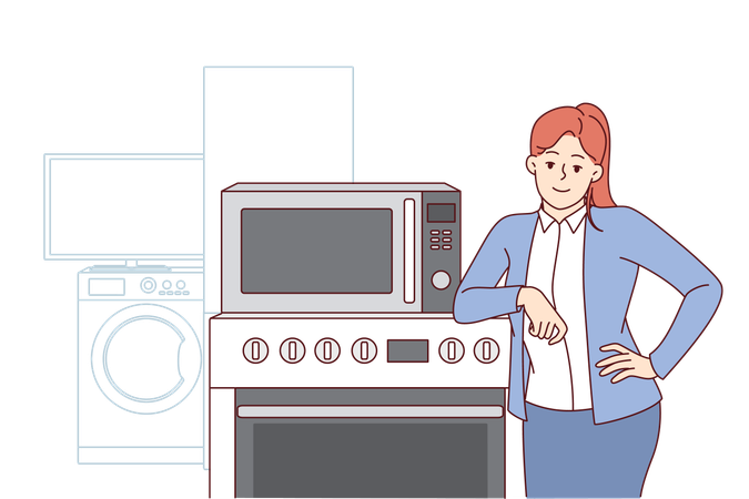 Woman selling household appliances stands near oven and washing machine and looks at camera  Illustration