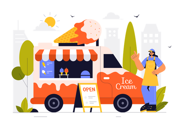 Woman selling ice cream on cart  Illustration