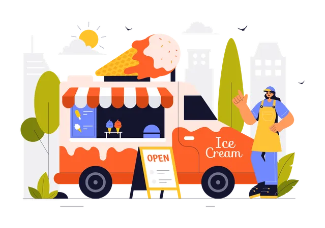 Woman selling ice cream on cart  Illustration