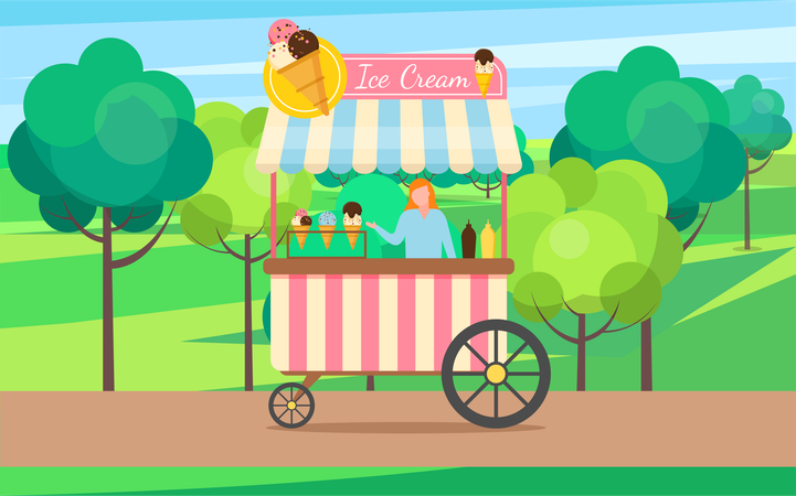 Woman selling ice cream on ice cream stall  Illustration