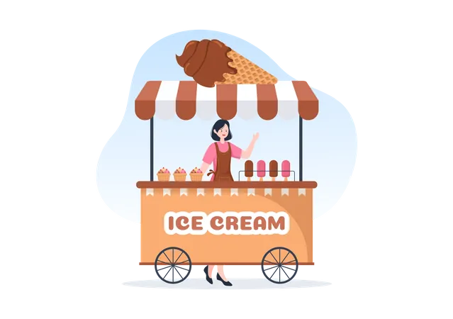 Woman selling ice cream on Ice Cream Stoll  Illustration