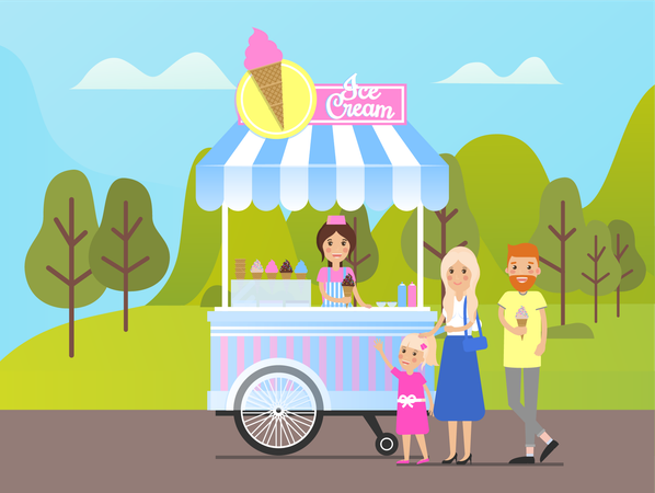 Woman selling ice cream on stall  Illustration