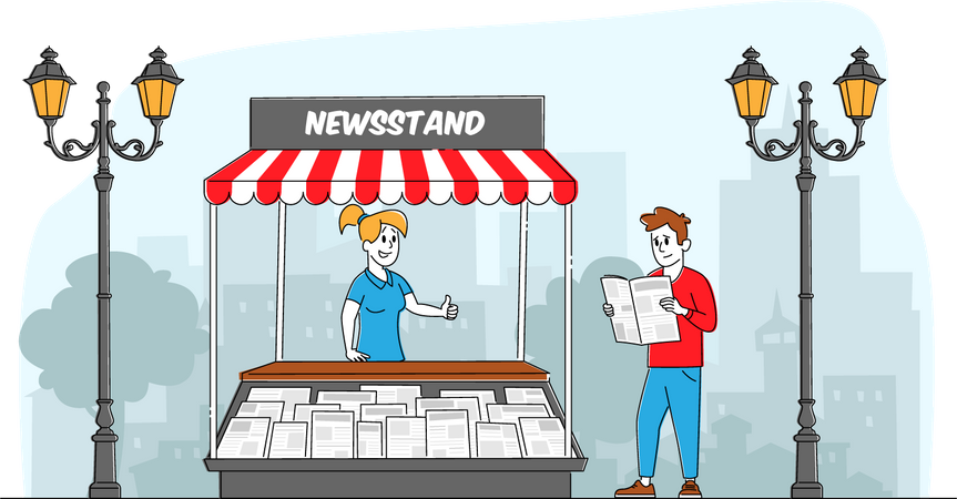 Woman selling newspaper at newspaper kiosk  Illustration