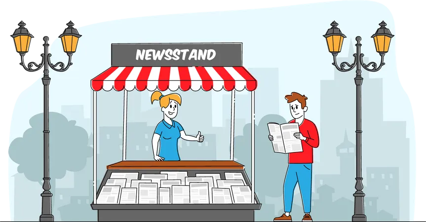 Woman selling newspaper at newspaper kiosk  Illustration