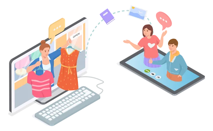 Woman selling online while people purchasing product Illustration