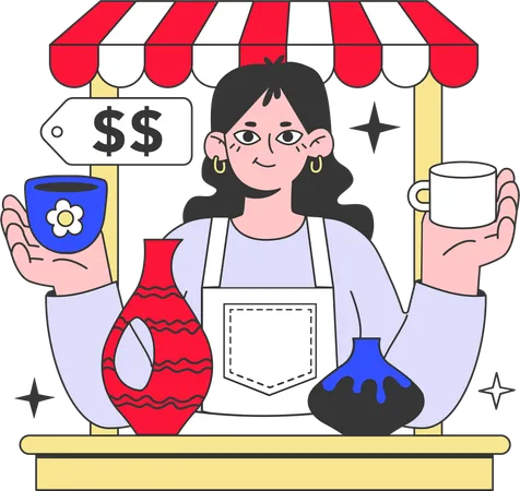 Woman selling painting vase  Illustration