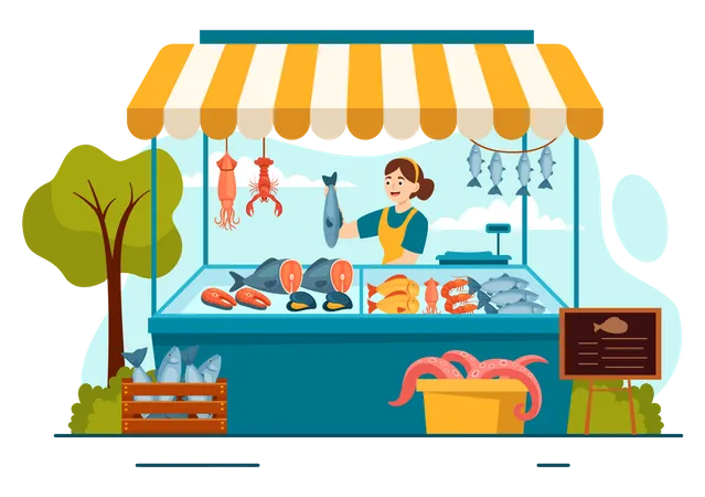Woman selling Seafood on stall  イラスト