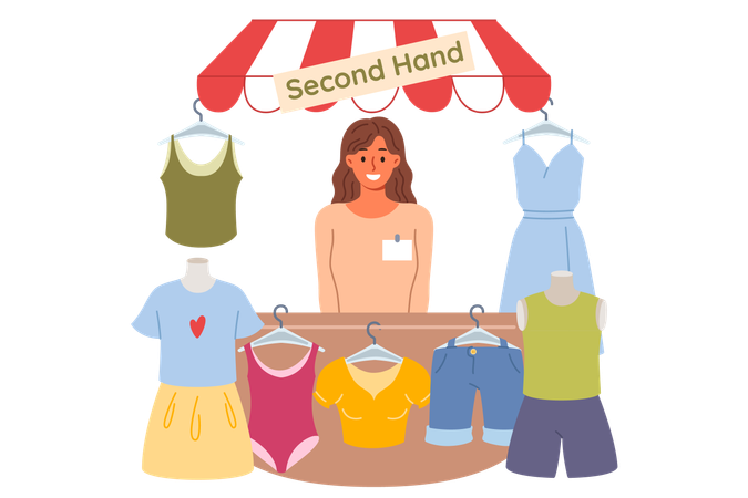 Woman selling second cheap clothes  Illustration