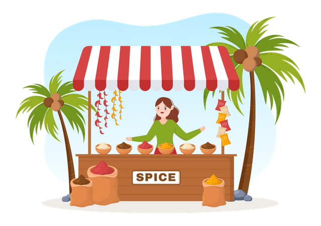 Woman selling spices at vendor stall Illustration