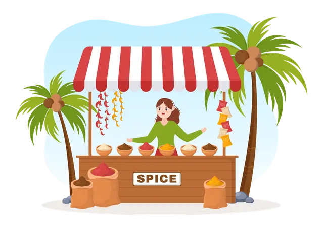 Woman selling spices at vendor stall Illustration