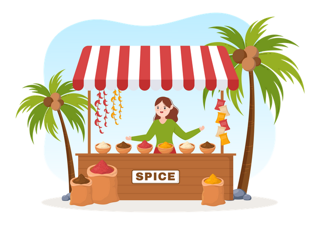 Woman selling spices at vendor stall  Illustration