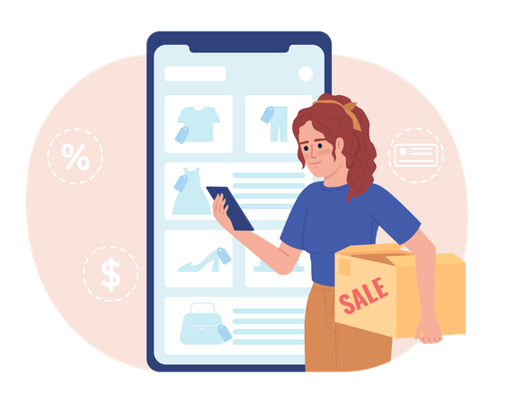 Woman selling unwanted clothes online  Illustration
