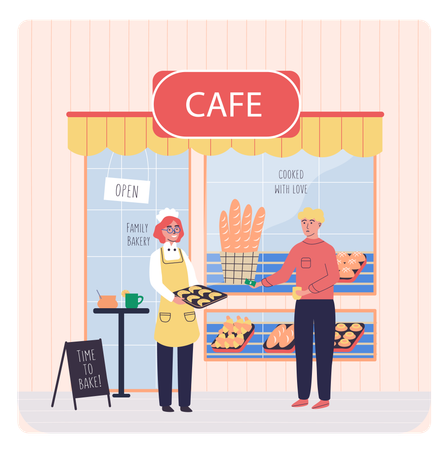 Woman sells baked goods bread rolls and croissants on showcase  Illustration