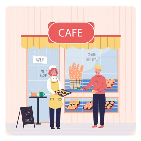 Woman sells baked goods bread rolls and croissants on showcase  Illustration
