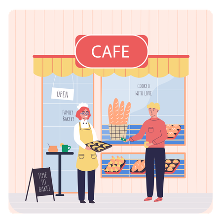 Woman sells baked goods bread rolls and croissants on showcase  Illustration