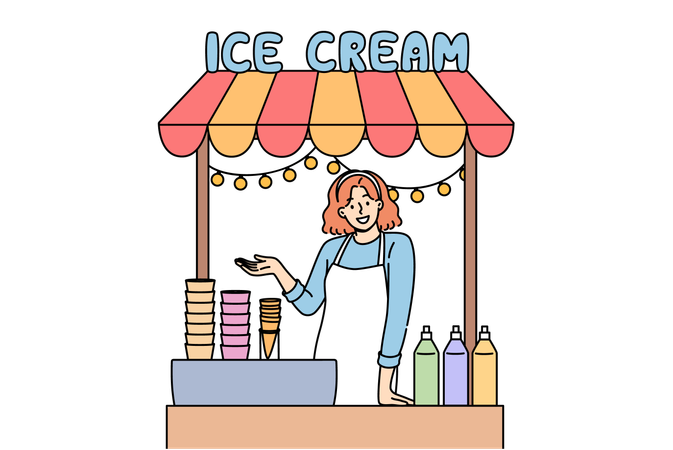 Woman sells ice cream in street stall and makes gesture inviting you to try cold dessert  Illustration