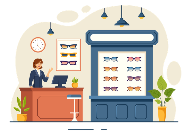 Woman sells optical glasses in shop  Illustration