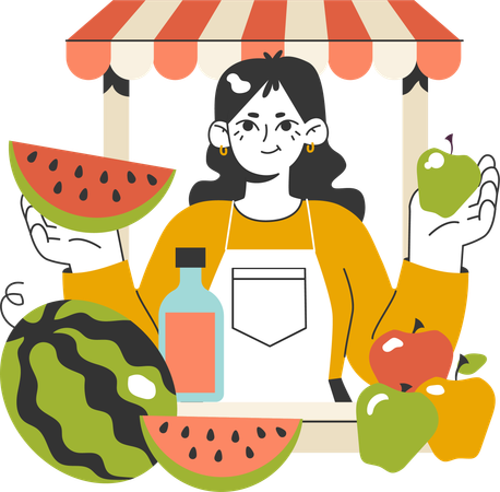 Woman sells watermelon at fruit stall  Illustration