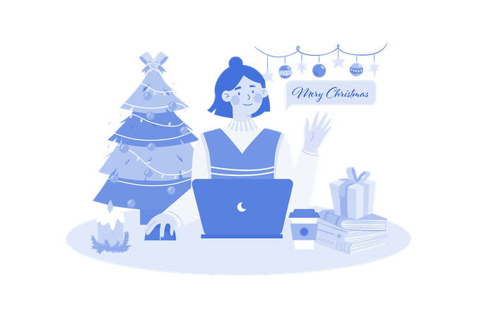 Woman Send Christmas Greeting Online  Illustration