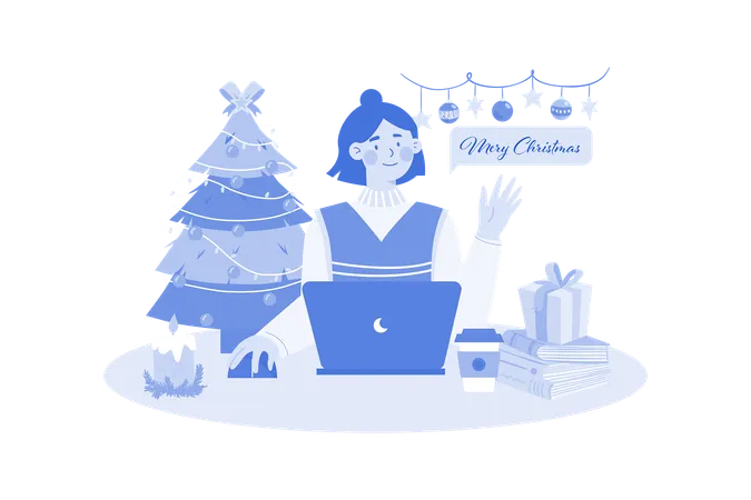 Woman Send Christmas Greeting Online  Illustration