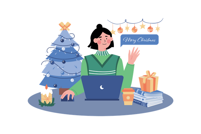 Woman Send Christmas Greeting Online Illustration