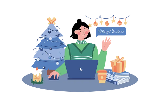 Woman Send Christmas Greeting Online Illustration