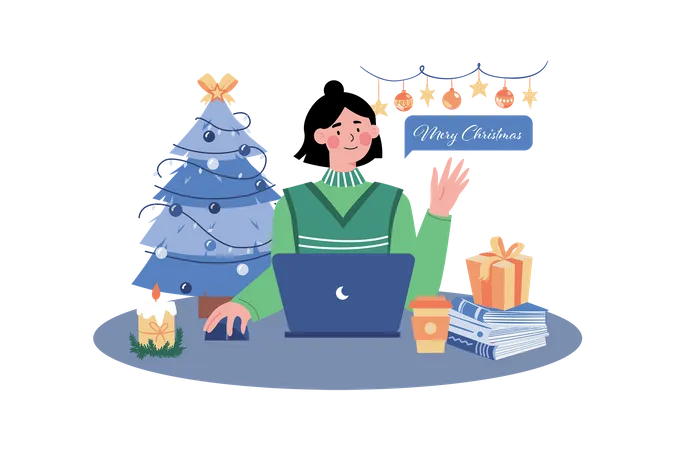 Woman Send Christmas Greeting Online  Illustration