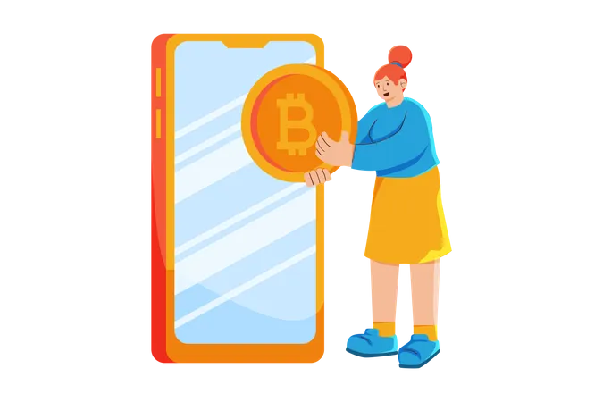 Woman sending bitcoin through mobile app Illustration